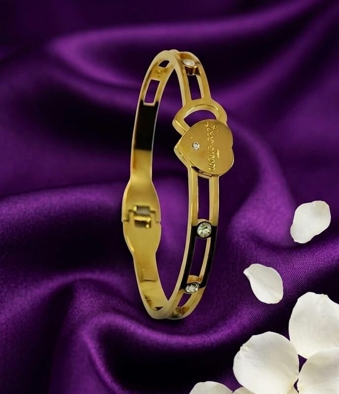 Mira's Gold Plated Engraved Heart Charm Crystal Openwork Artificial Bangle Bracelet (MIJ 4014-1)