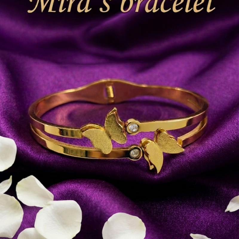 Mira's Gold Plated Dual Frosted Butterfly Crystal Split Band Artificial Bangle Bracelet (MIJ 4016-1)