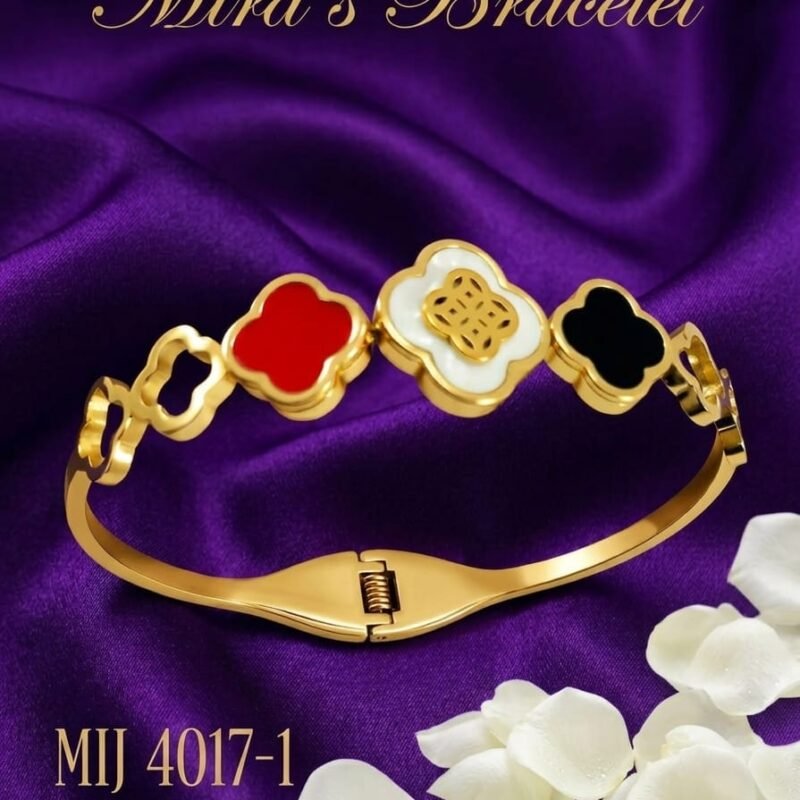 Mira's Gold Plated Clover Multicolor Enamel Filigree Artificial Bangle Bracelet (MIJ 4017-1)