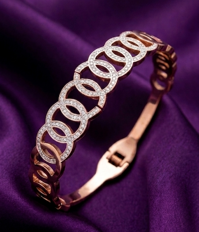 Mira's Rose Gold Plated Interlocking Circles Crystal Openwork Artificial Bangle Bracelet (MIJ 40212-1)