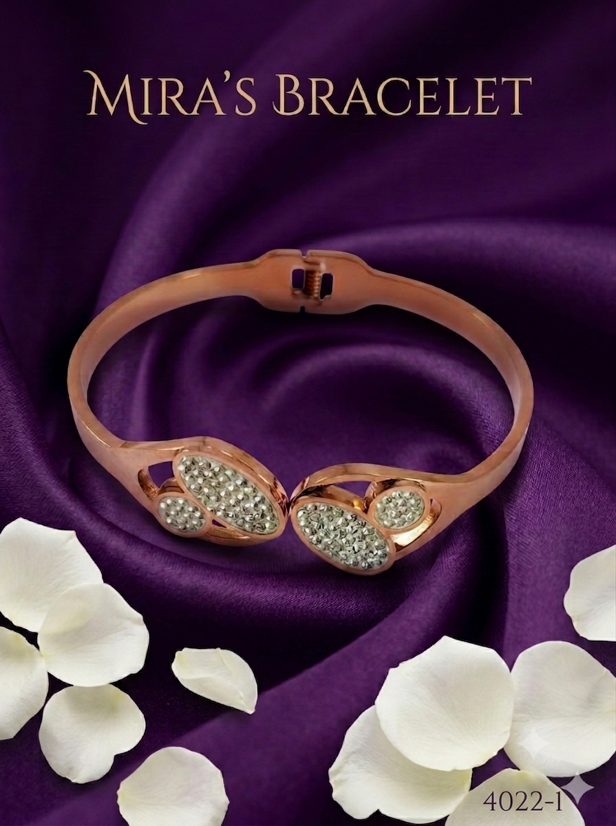 Mira's Rose Gold Plated Dual Oval Pave Crystal Artificial Open Front Bangle Bracelet (MIJ 4022-1)