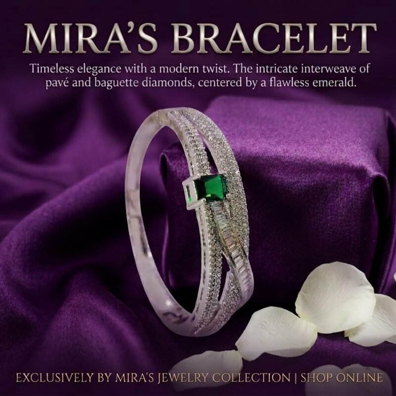 Mira's Silver Toned Emerald Green Gemstone Multi Strand Crystal Artificial Broad Bangle Bracelet (MIJ 40220-1)