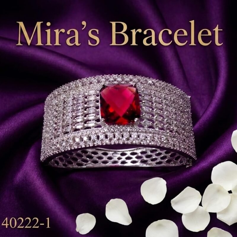 Mira's Silver Toned Ruby Red Crystal Full Pave Artificial Broad Cuff Bracelet (MIJ 40222-1)