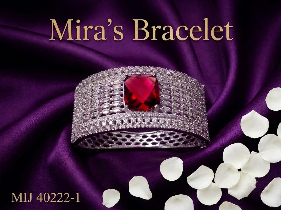 Mira's Silver Toned Ruby Red Crystal Full Pave Artificial Broad Cuff Bracelet (MIJ 40222-1)