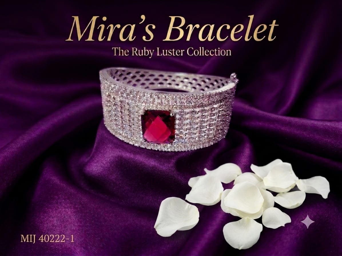 Mira's Silver Toned Ruby Red Crystal Full Pave Artificial Broad Cuff Bracelet (MIJ 40222-1)