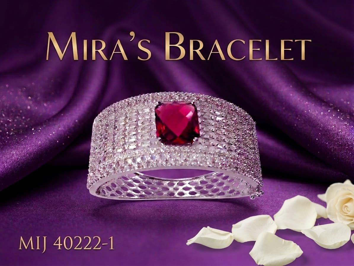Mira's Silver Toned Ruby Red Crystal Full Pave Artificial Broad Cuff Bracelet (MIJ 40222-1)