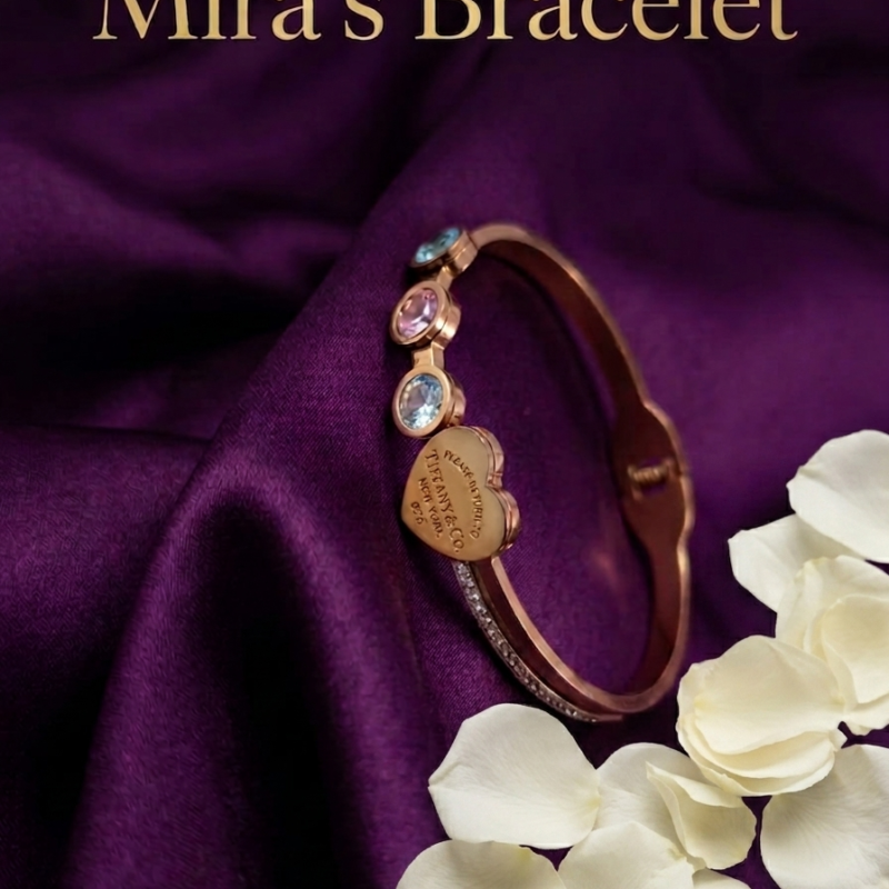 Mira's Rose Gold Plated Heart Tag Multicolor Gemstone Crystal Artificial Bangle Bracelet (MIJ 4025-1)