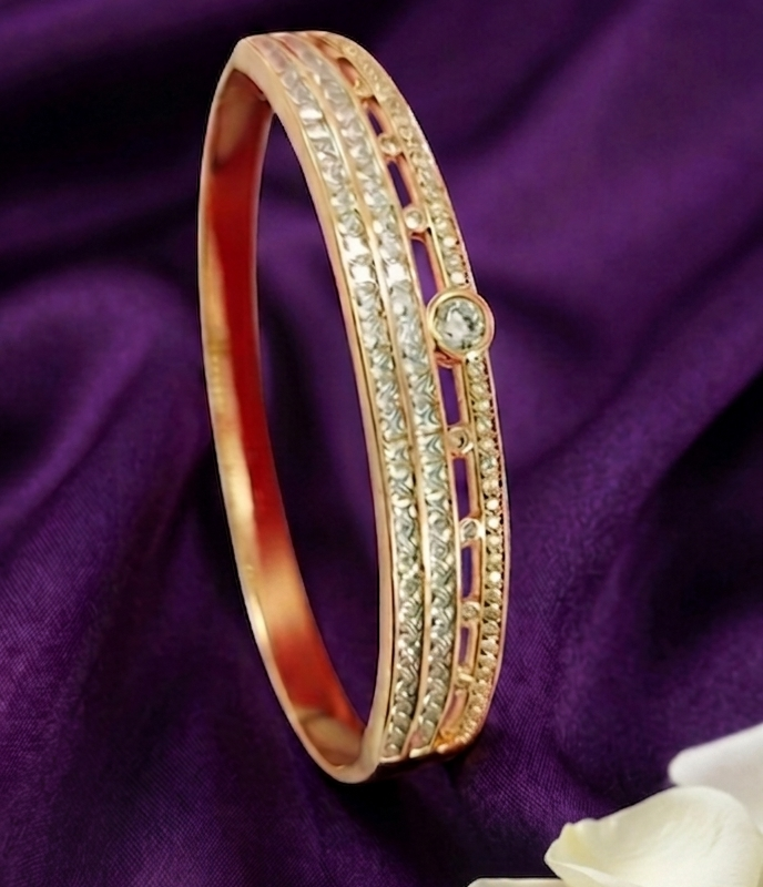 Mira's Rose Gold Plated Multi Row Crystal Openwork Geometric Artificial Bangle Bracelet (MIJ 4027-1)