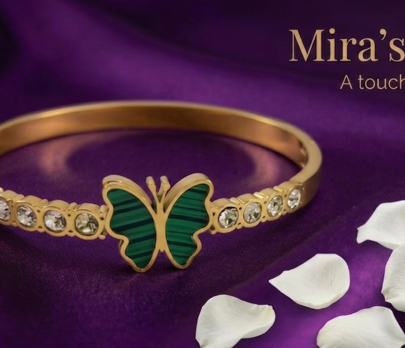 Mira's Butterfly Gold Plated Malachite Green Inlay Bangle Bracelet with Crystals – Style 4015-1