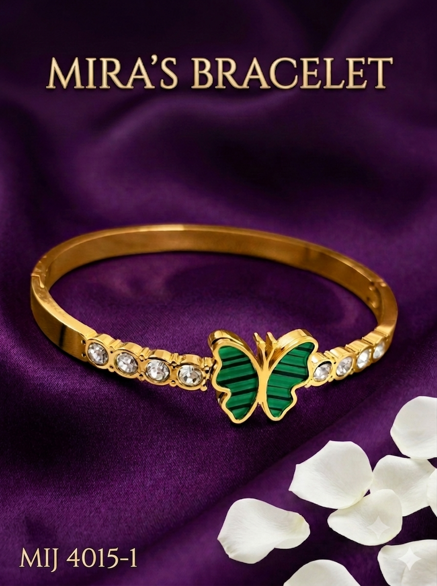 Mira's Butterfly Gold Plated Malachite Green Inlay Bangle Bracelet with Crystals – Style 4015-1